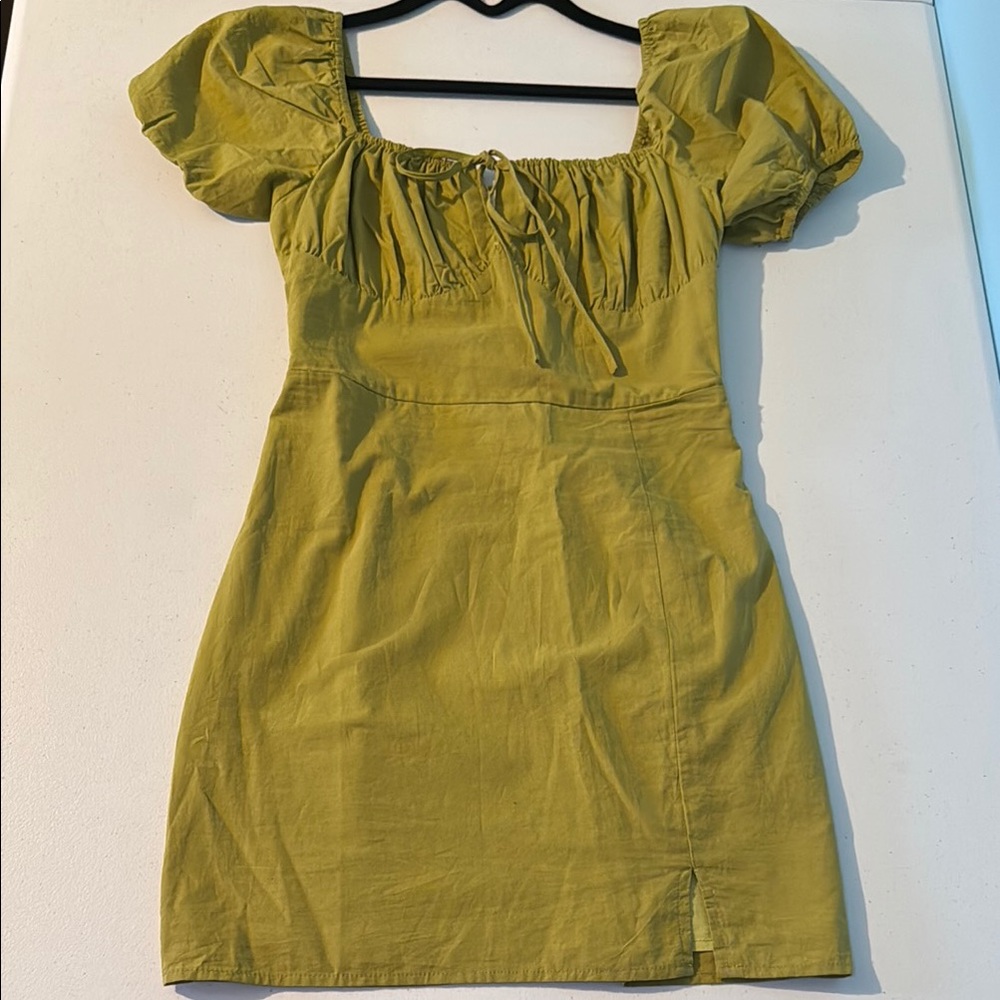 Elegant Olive Green Puff Sleeve Dress